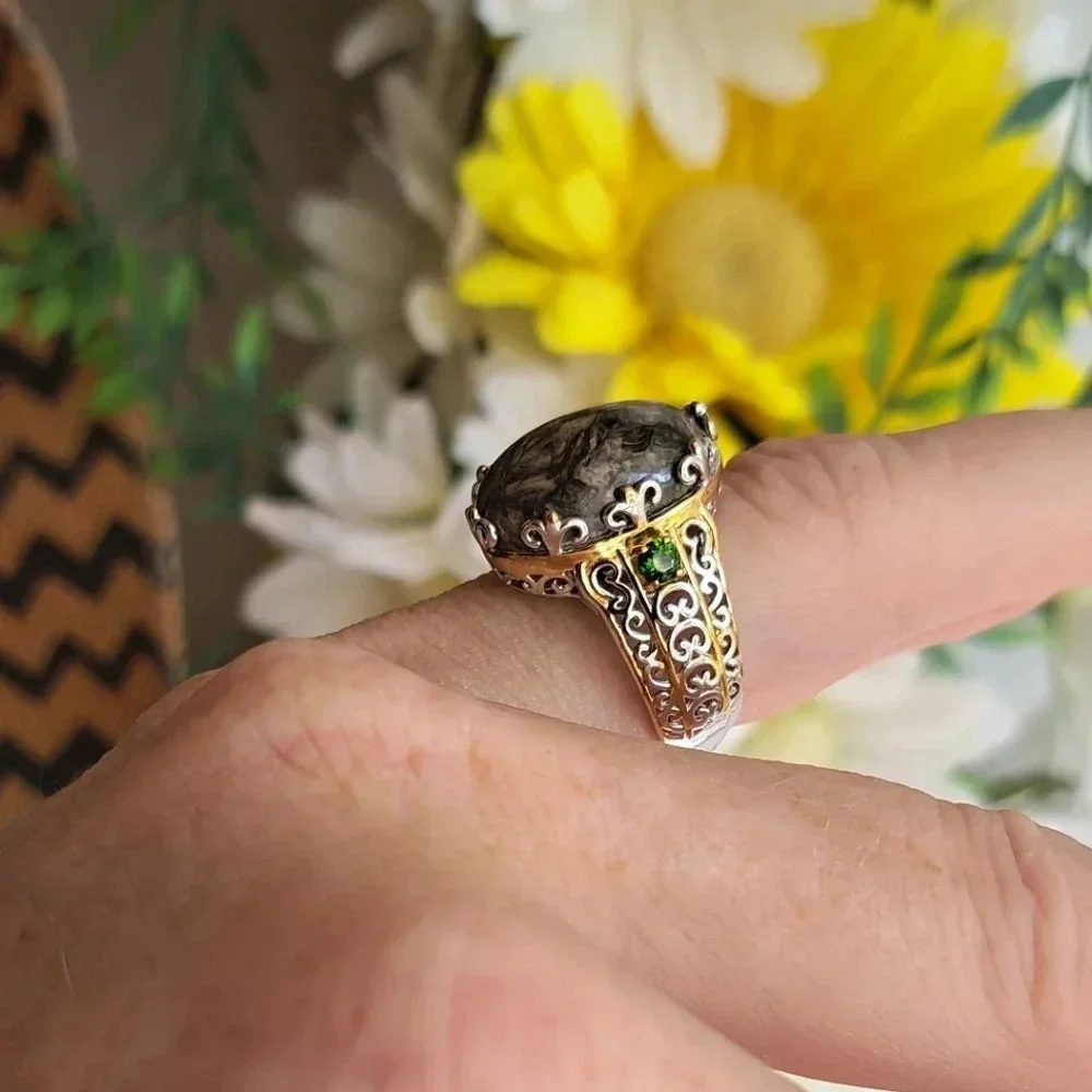 Natural Willemite & Chrome Diopside Ring In 925 Sterling Silver